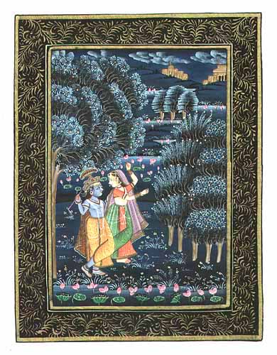 Seidenmalerei Krishna und Radha